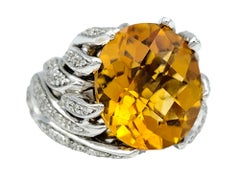 Large Oval Citrine and Diamond Leaf Design Cocktail Ring in 14 Karat White Gold