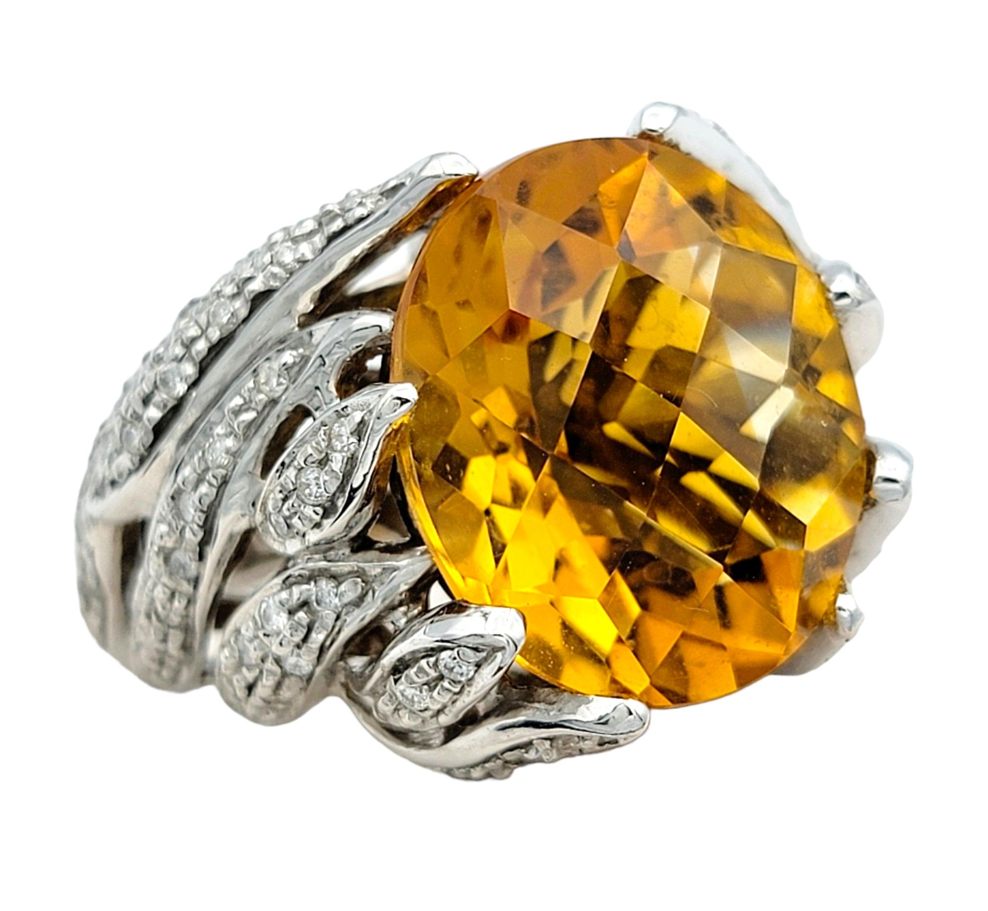 Contemporary Large Oval Citrine and Diamond Leaf Design Cocktail Ring in 14 Karat White Gold For Sale