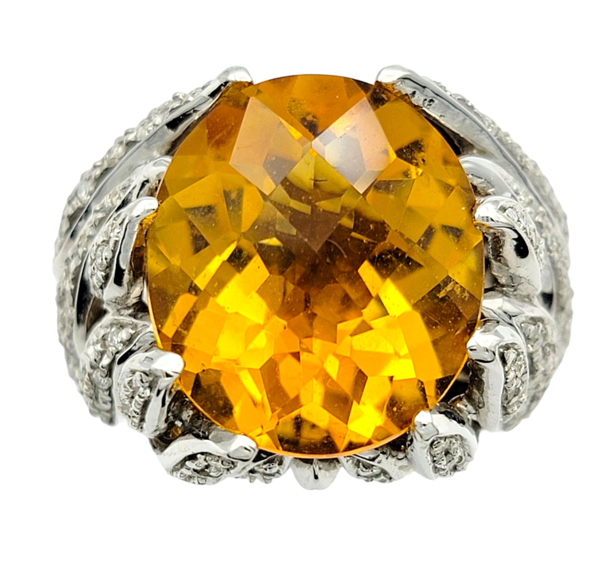 Oval Cut Large Oval Citrine and Diamond Leaf Design Cocktail Ring in 14 Karat White Gold For Sale