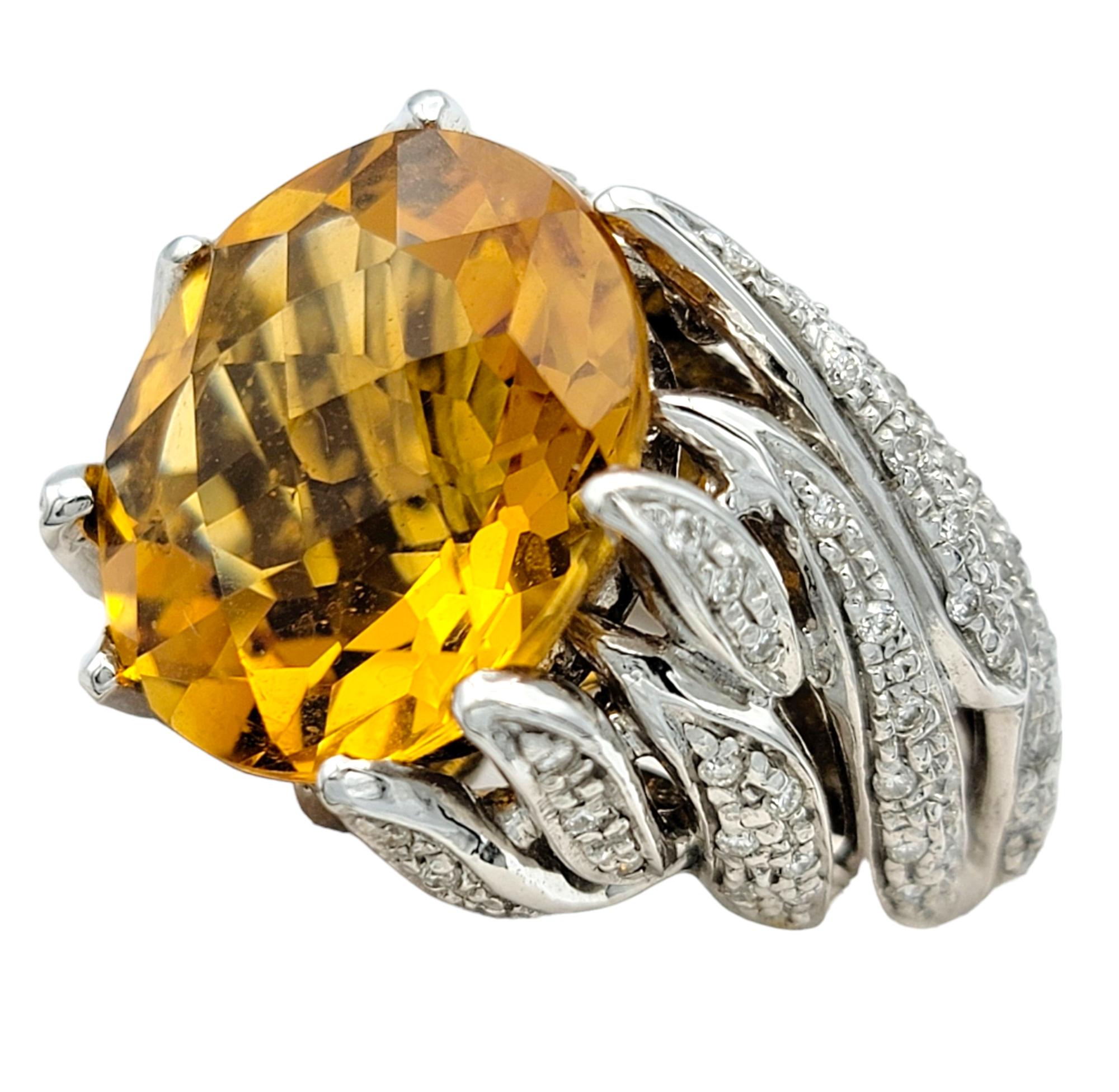 Large Oval Citrine and Diamond Leaf Design Cocktail Ring in 14 Karat White Gold In Good Condition For Sale In Scottsdale, AZ