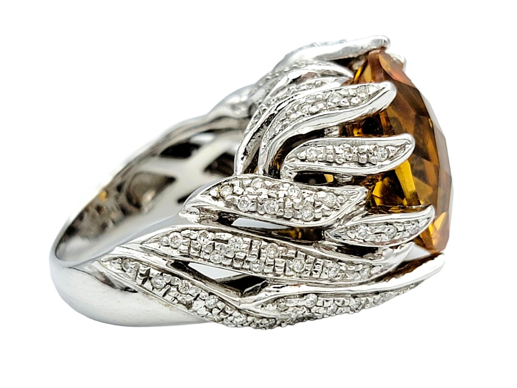 Women's Large Oval Citrine and Diamond Leaf Design Cocktail Ring in 14 Karat White Gold For Sale