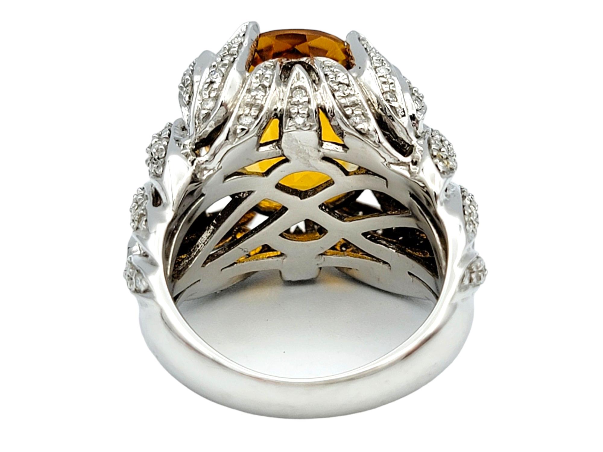 Large Oval Citrine and Diamond Leaf Design Cocktail Ring in 14 Karat White Gold For Sale 1