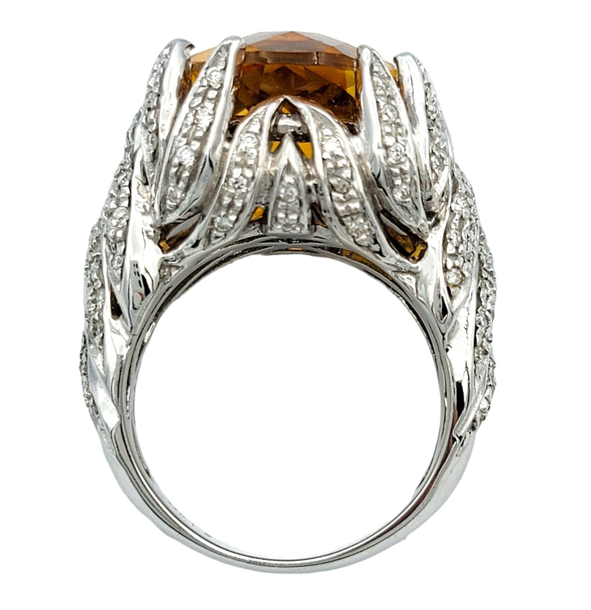 Large Oval Citrine and Diamond Leaf Design Cocktail Ring in 14 Karat White Gold For Sale 2