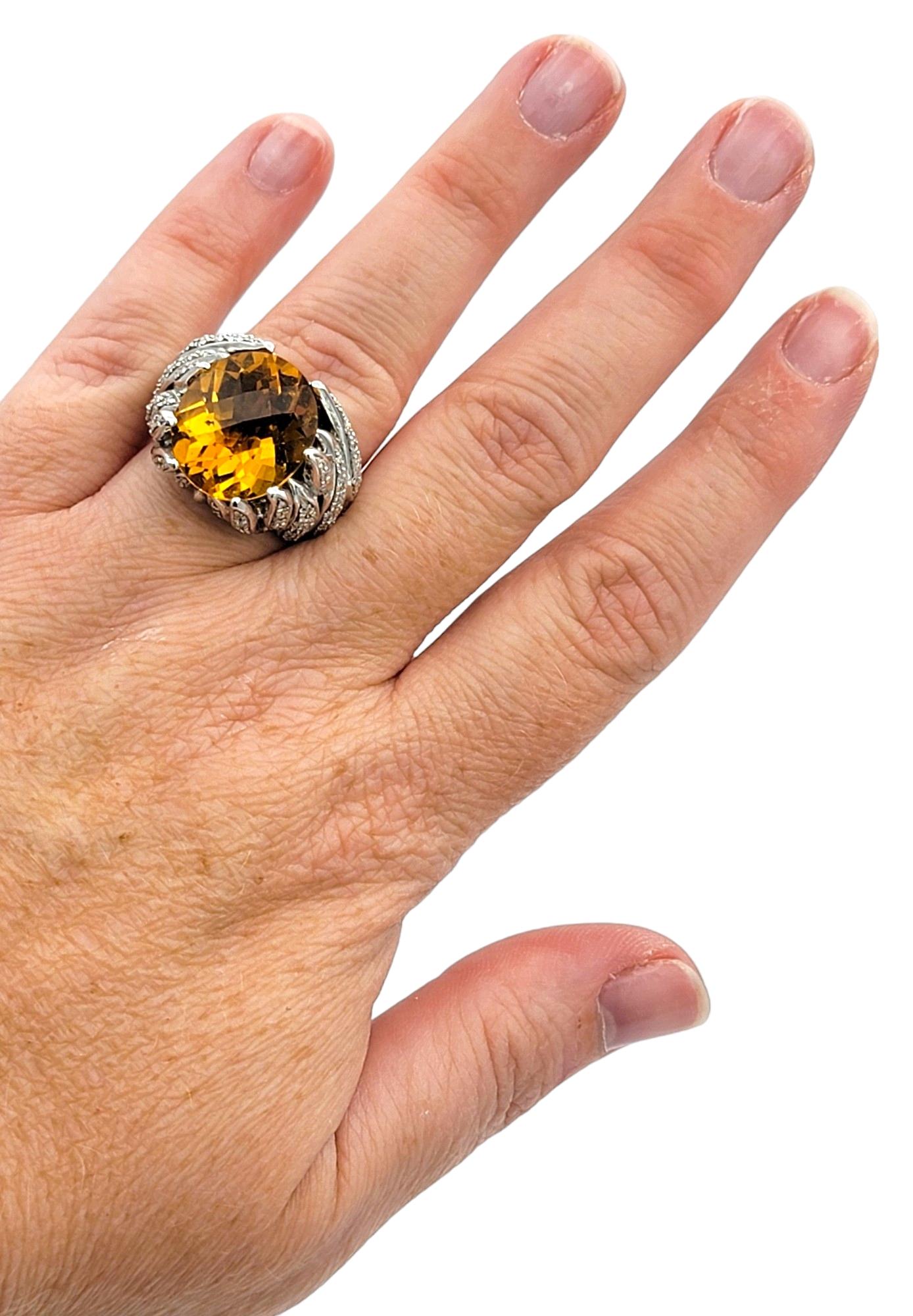 Large Oval Citrine and Diamond Leaf Design Cocktail Ring in 14 Karat White Gold For Sale 3