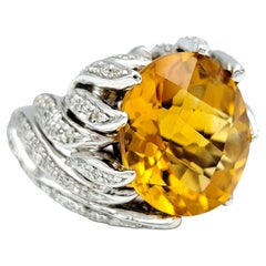 Large Oval Citrine and Diamond Leaf Design Cocktail Ring in 14 Karat White Gold