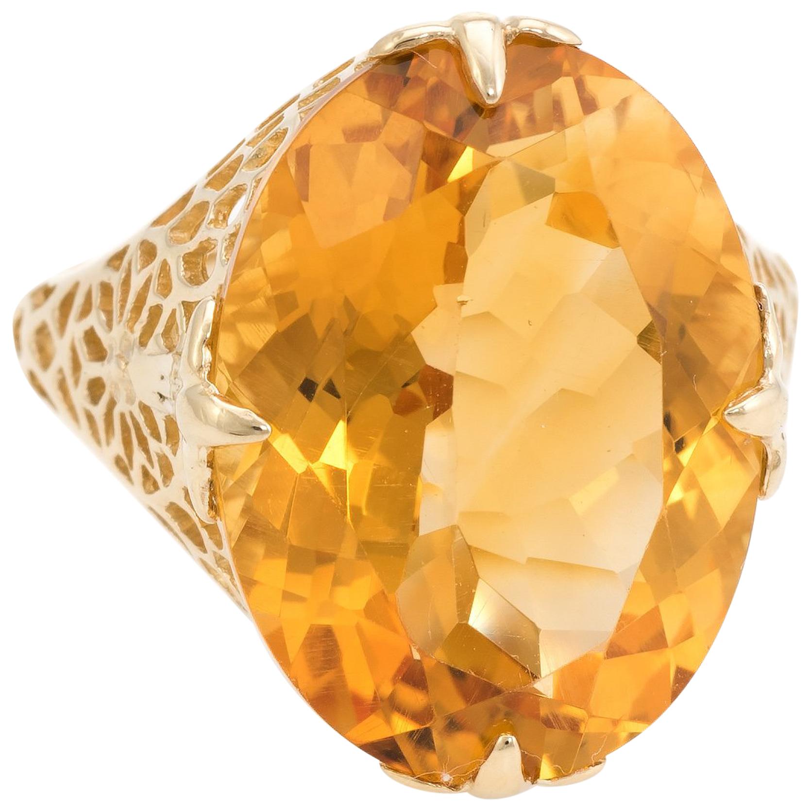 Large Oval Citrine Filigree Cocktail Ring Estate 10 Karat Yellow Gold
