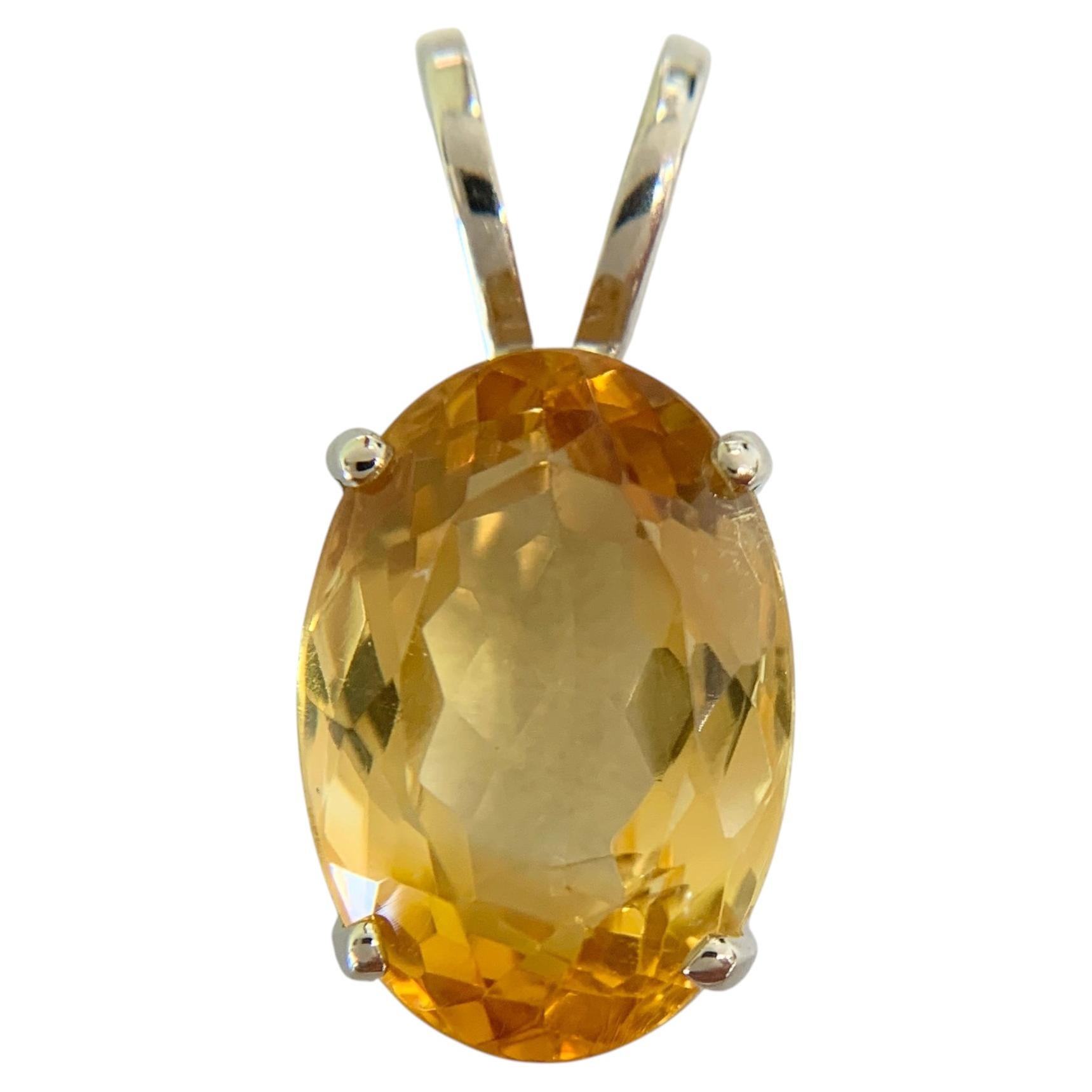 Large Oval Citrine Pendant 14k White Gold For Sale