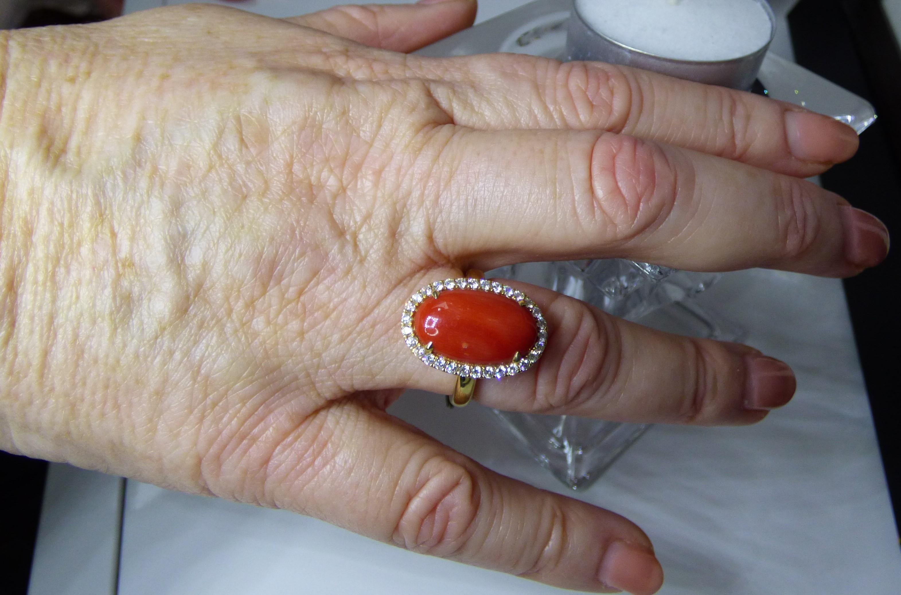 Oval Cut Large oval Coral and Diamond Cluster Ring For Sale