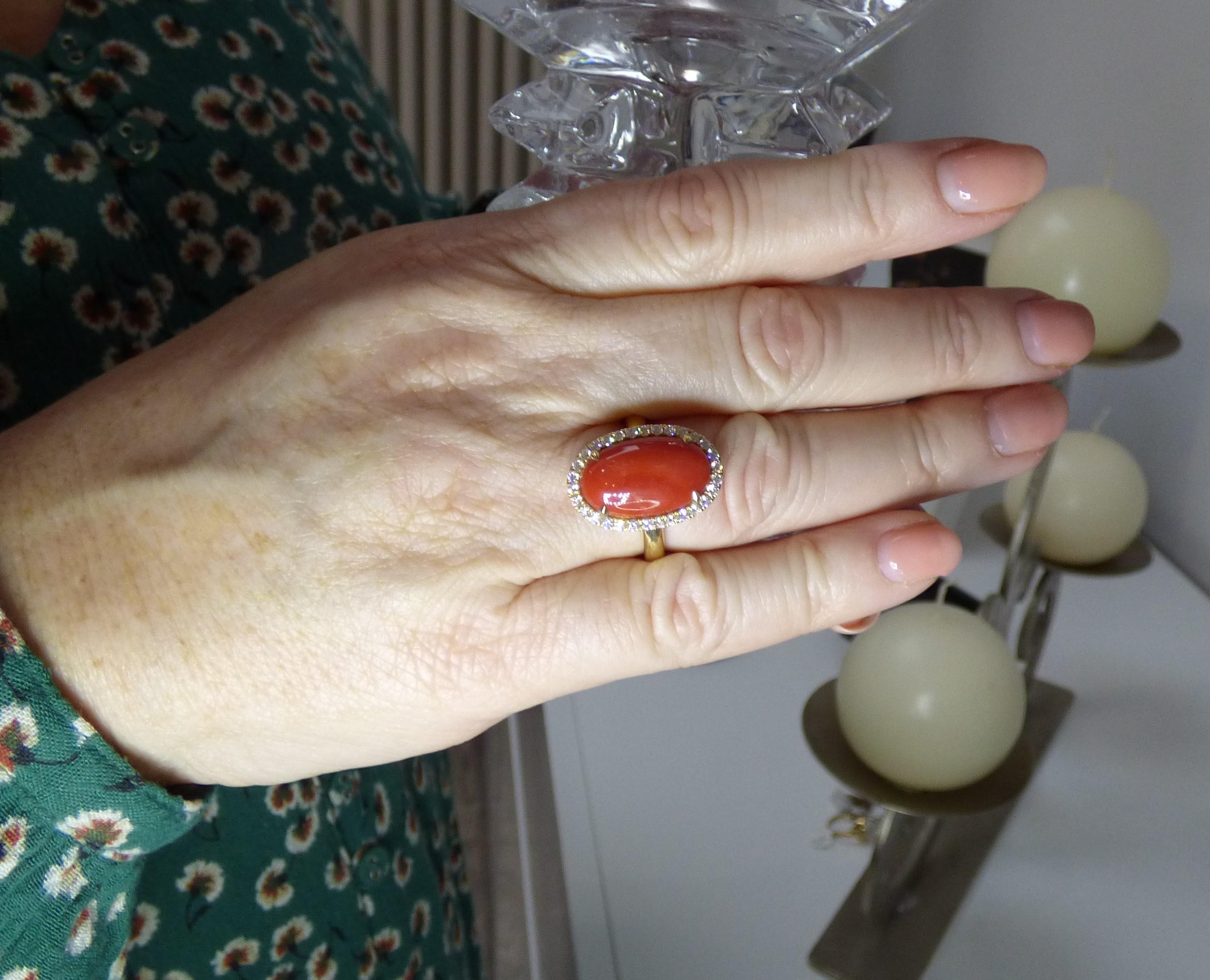 Women's Large oval Coral and Diamond Cluster Ring For Sale