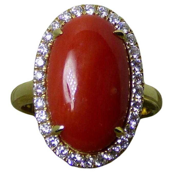 Large oval Coral and Diamond Cluster Ring For Sale