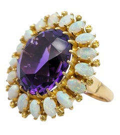 Large Oval Cut Amethyst and Opal Halo Cocktail Ring in 14 Karat Yellow Gold