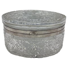 Vintage Large Oval Cut Crystal Box with Silver Mount