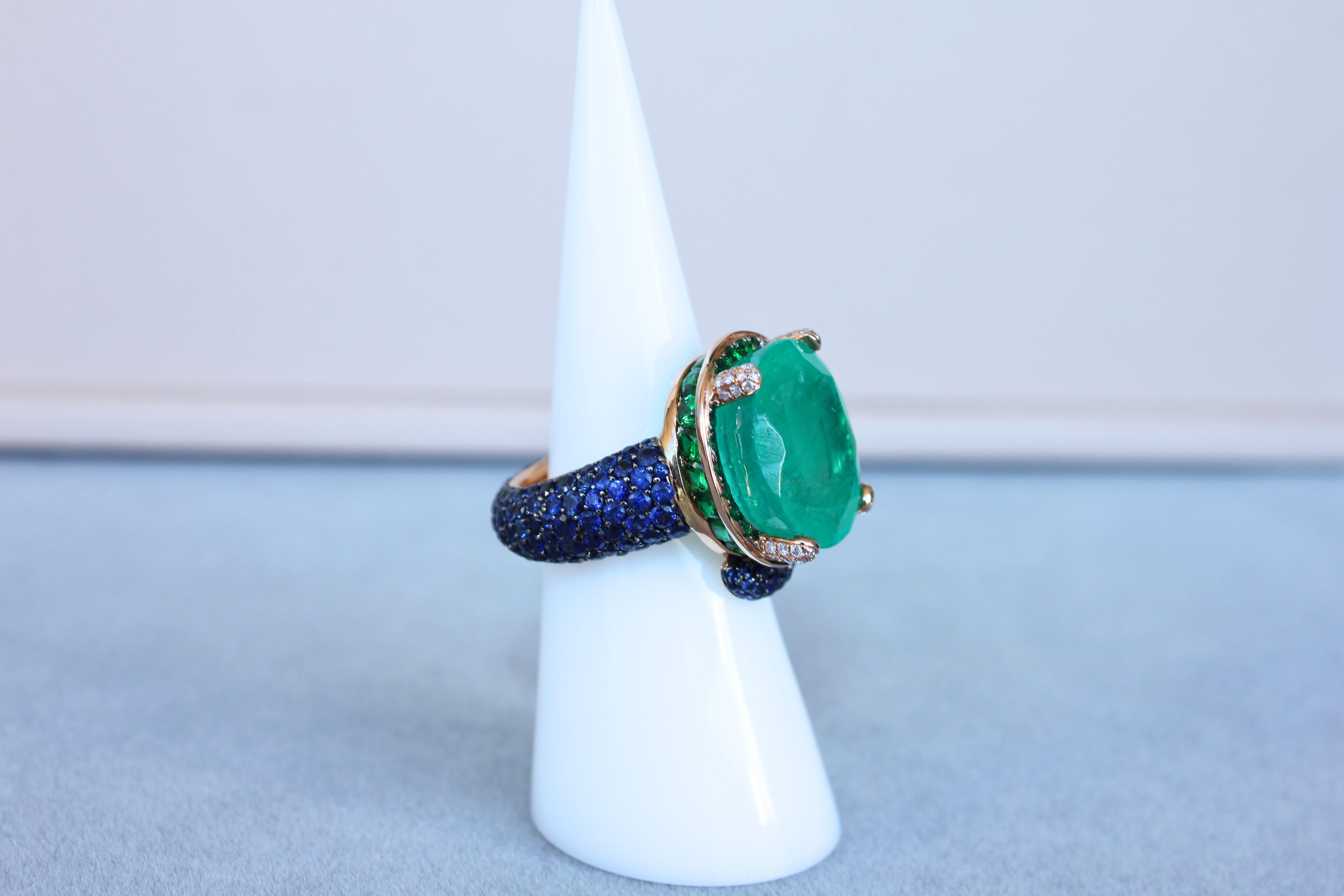 Large Oval Cut Emerald Full Pave Tsavorites Diamonds Sapphires 18K Gold Ring For Sale 8