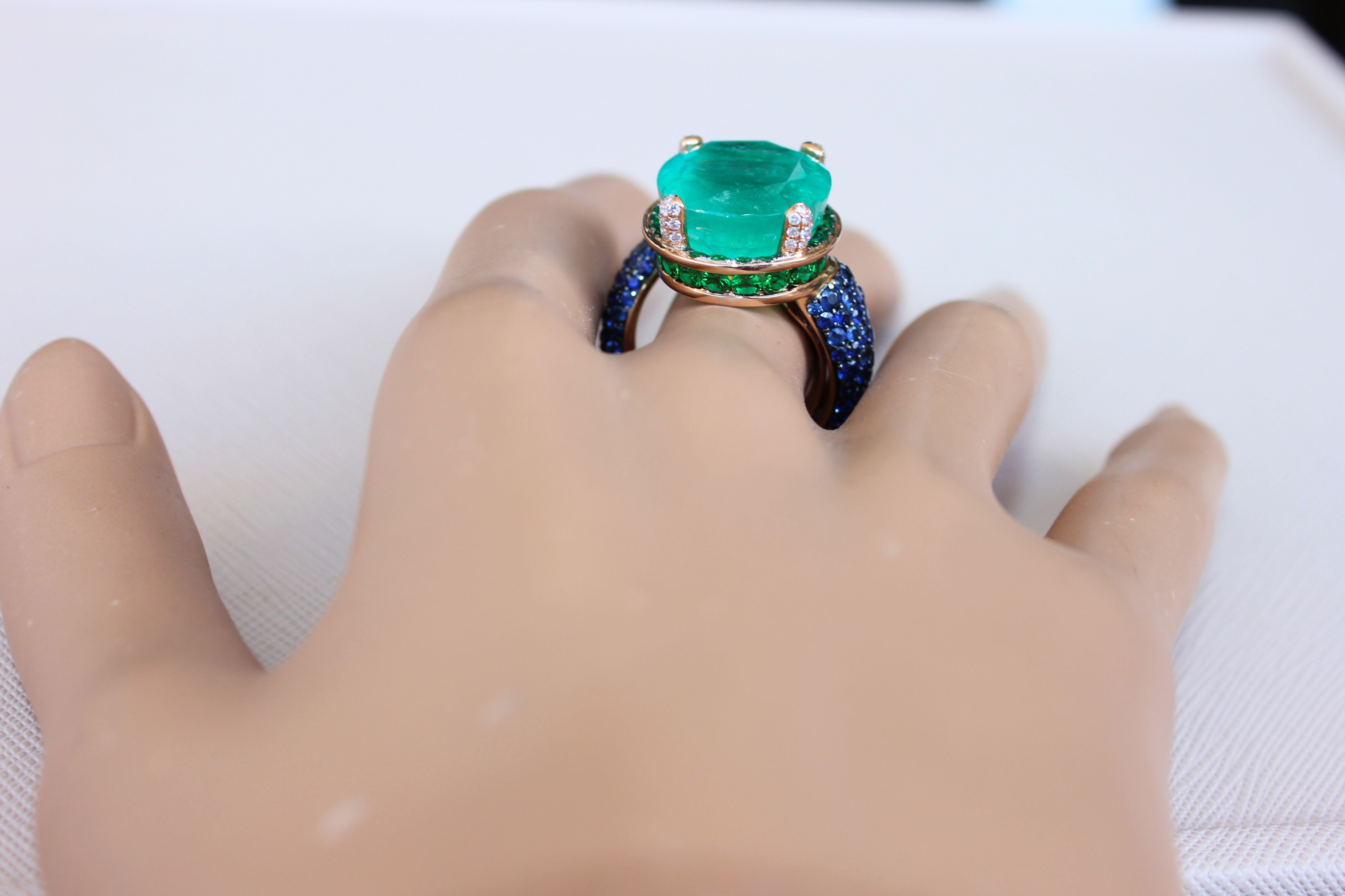 Large Oval Cut Emerald Full Pave Tsavorites Diamonds Sapphires 18K Gold Ring For Sale 14