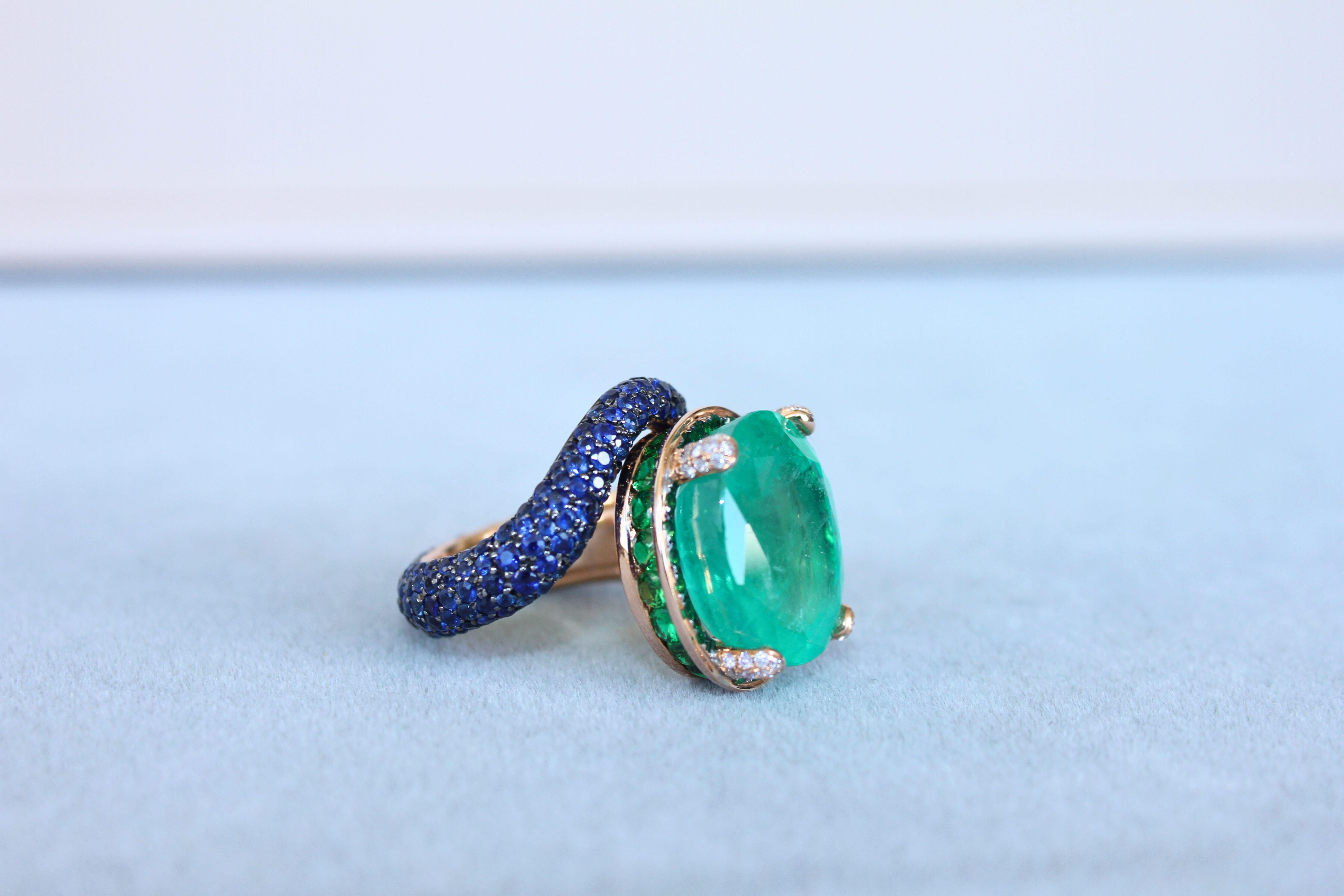 Women's Large Oval Cut Emerald Full Pave Tsavorites Diamonds Sapphires 18K Gold Ring For Sale