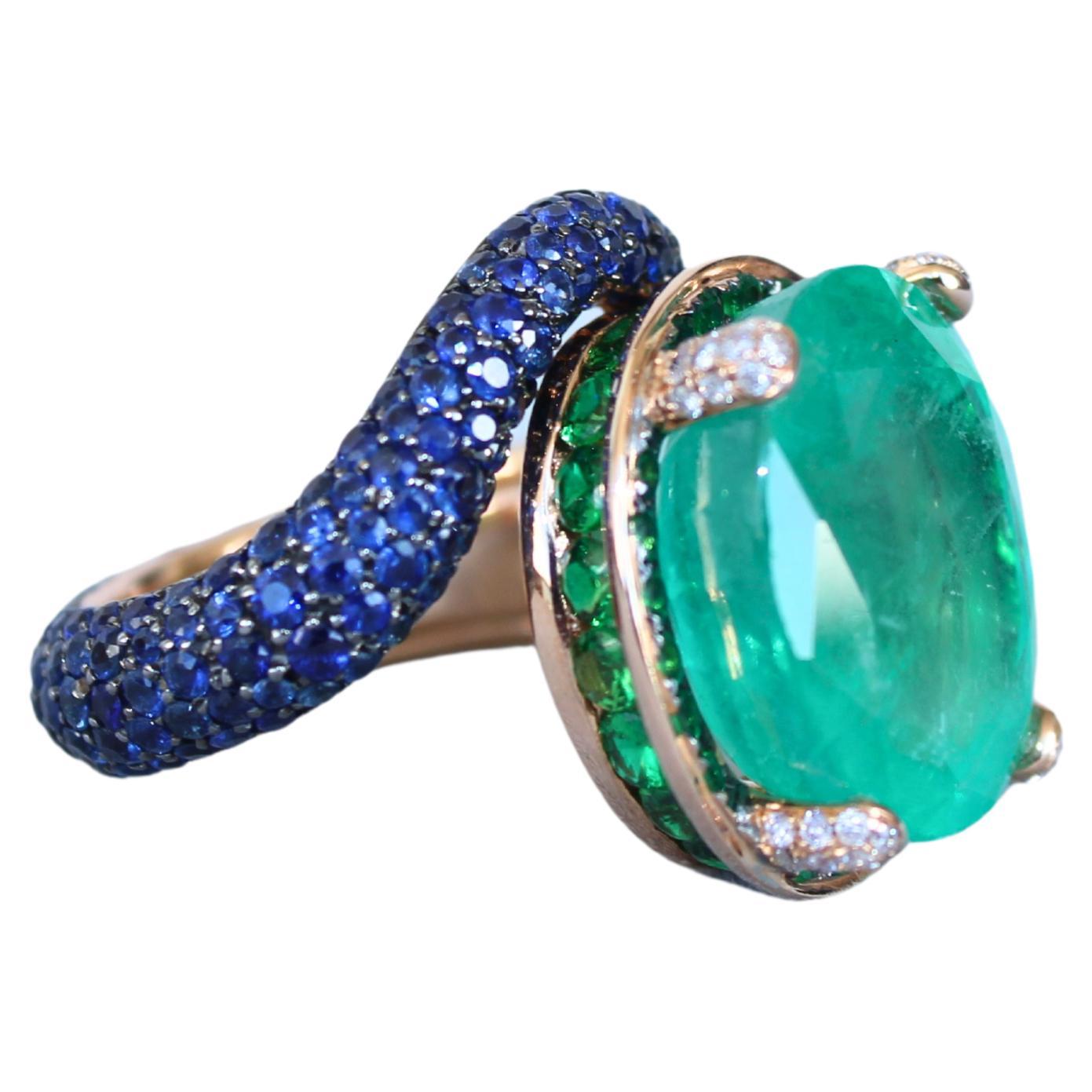 Large Oval Cut Emerald Full Pave Tsavorites Diamonds Sapphires 18K Gold Ring For Sale