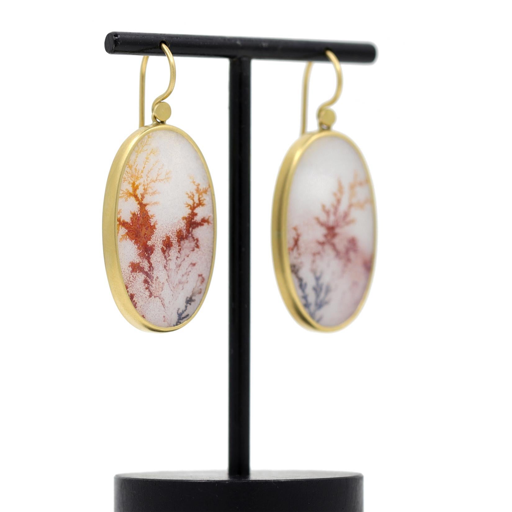 One of a Kind Drop Earrings hand-fabricated by jewelry maker Lola Brooks in signature-finished 18k yellow gold showcasing a large, beautifully matched pair of natural dendritic agate ovals, each bezel-set and finished with Lola's signature accented