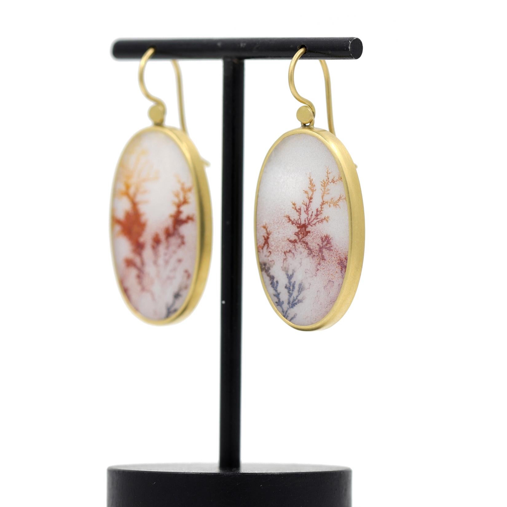Artist Large Oval Dendritic Agate Oval Drop Yellow Gold Earrings, Lola Brooks 2023 For Sale