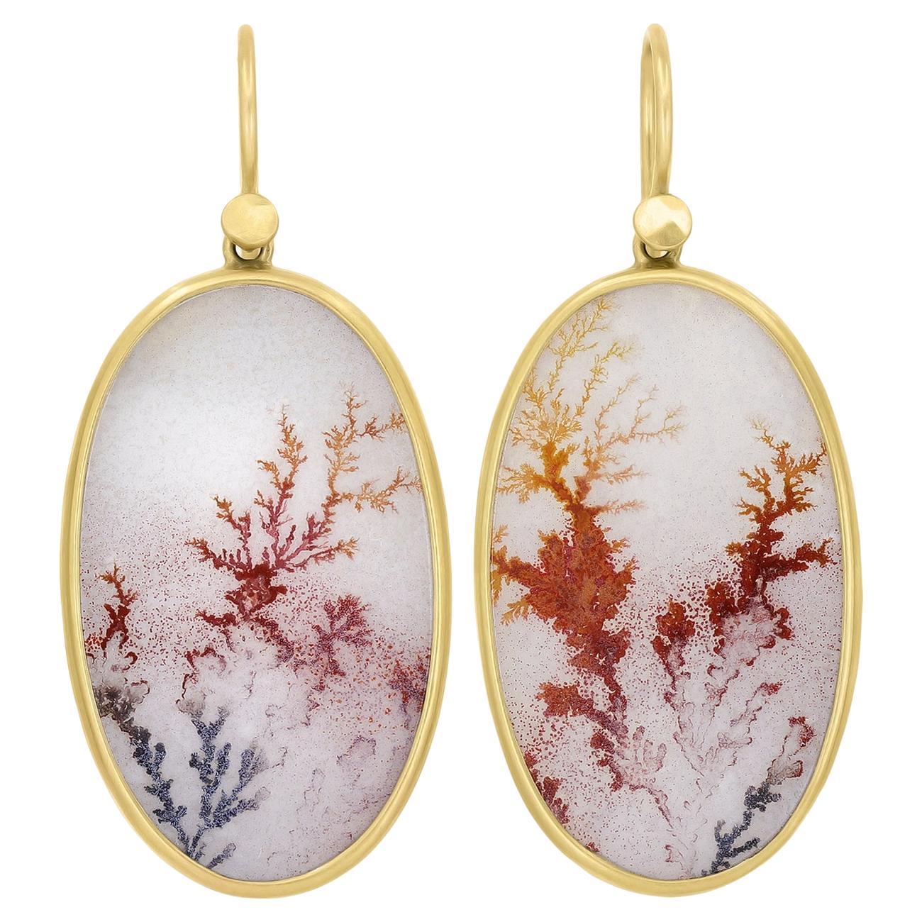 Large Oval Dendritic Agate Oval Drop Yellow Gold Earrings, Lola Brooks 2023 For Sale