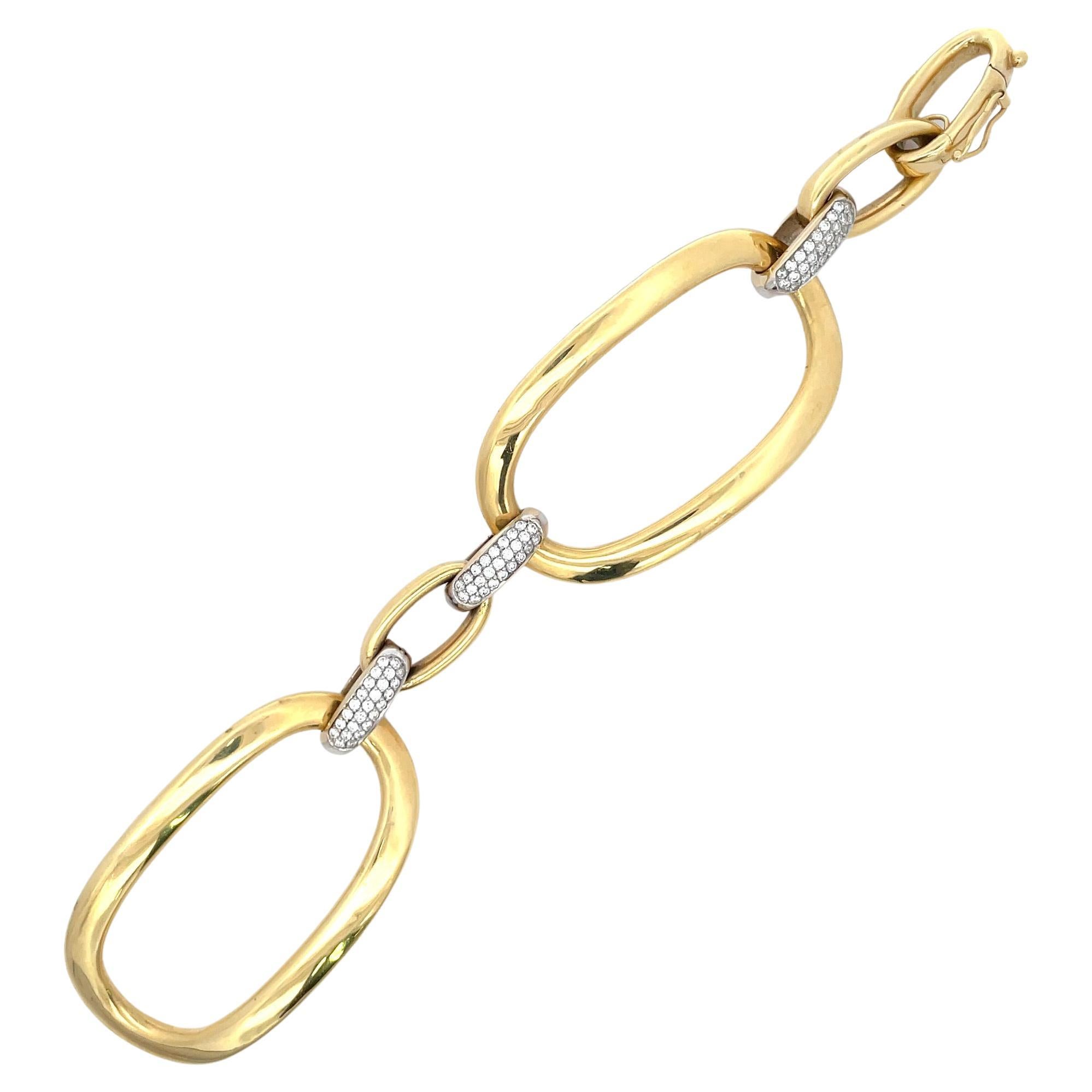 Contemporary Large Oval Diamond Link Bracelet 2 Carats 18 Karat Yellow Gold 28.2 Grams For Sale