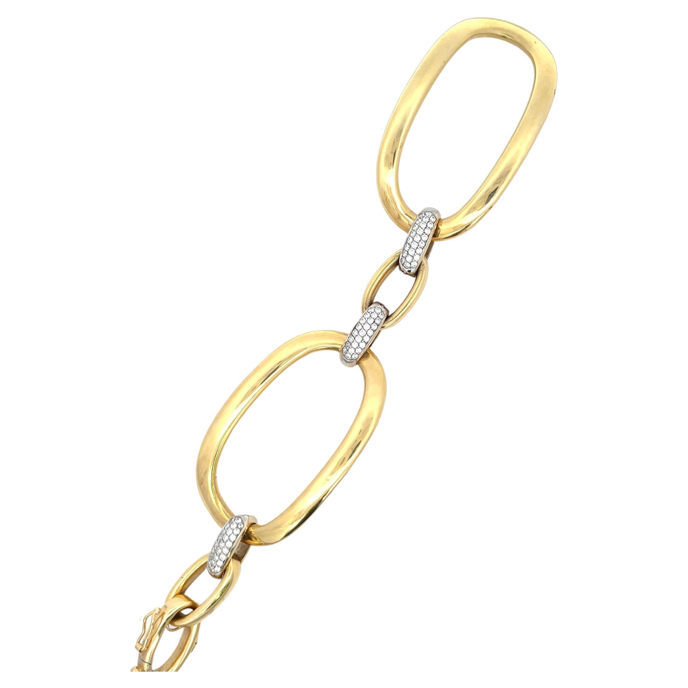 Large Oval Diamond Link Bracelet 2 Carats 18 Karat Yellow Gold 28.2 Grams For Sale