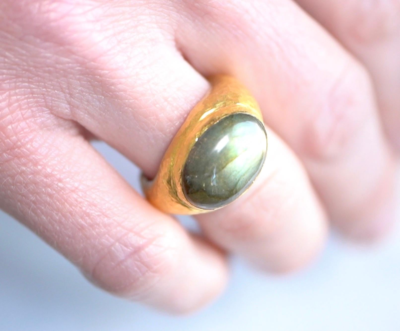 Large, Oval, Domed Labradorite Ring in 24kt Gold and Silver by Prehistoric Works of Istanbul, Turkey. Size 6