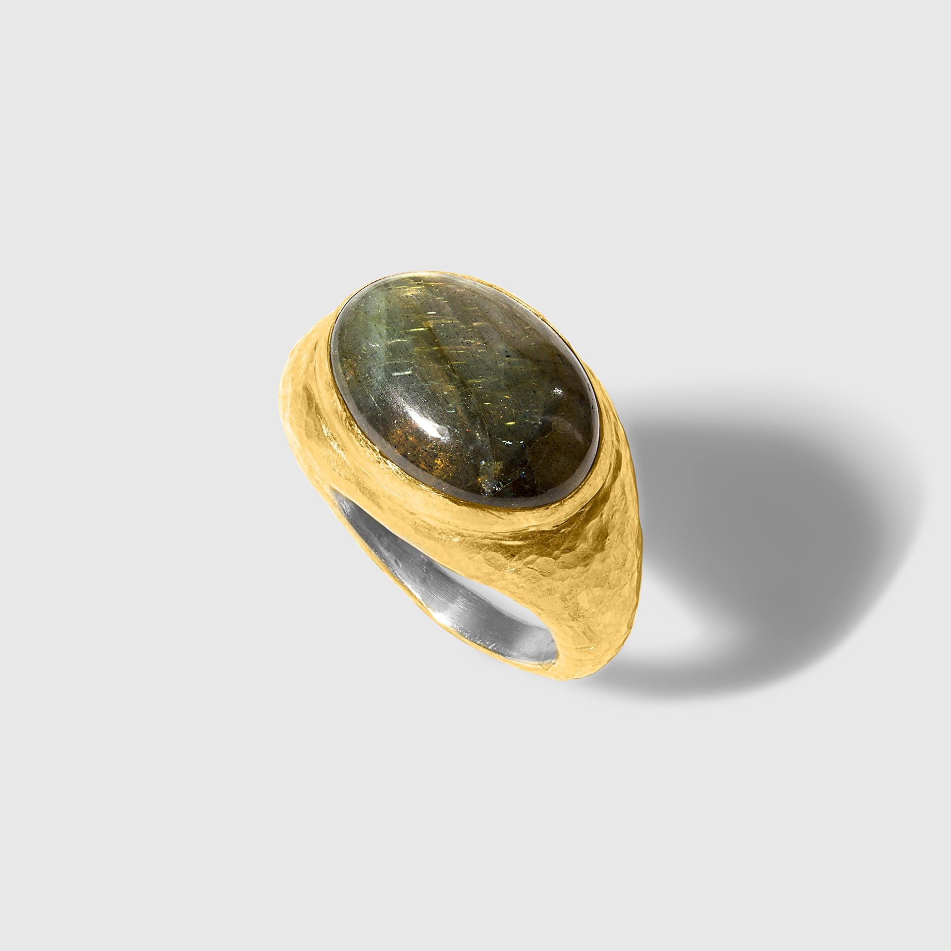 Large, Oval, Domed Labradorite Ring in 24kt Gold and Silver In New Condition For Sale In Bozeman, MT