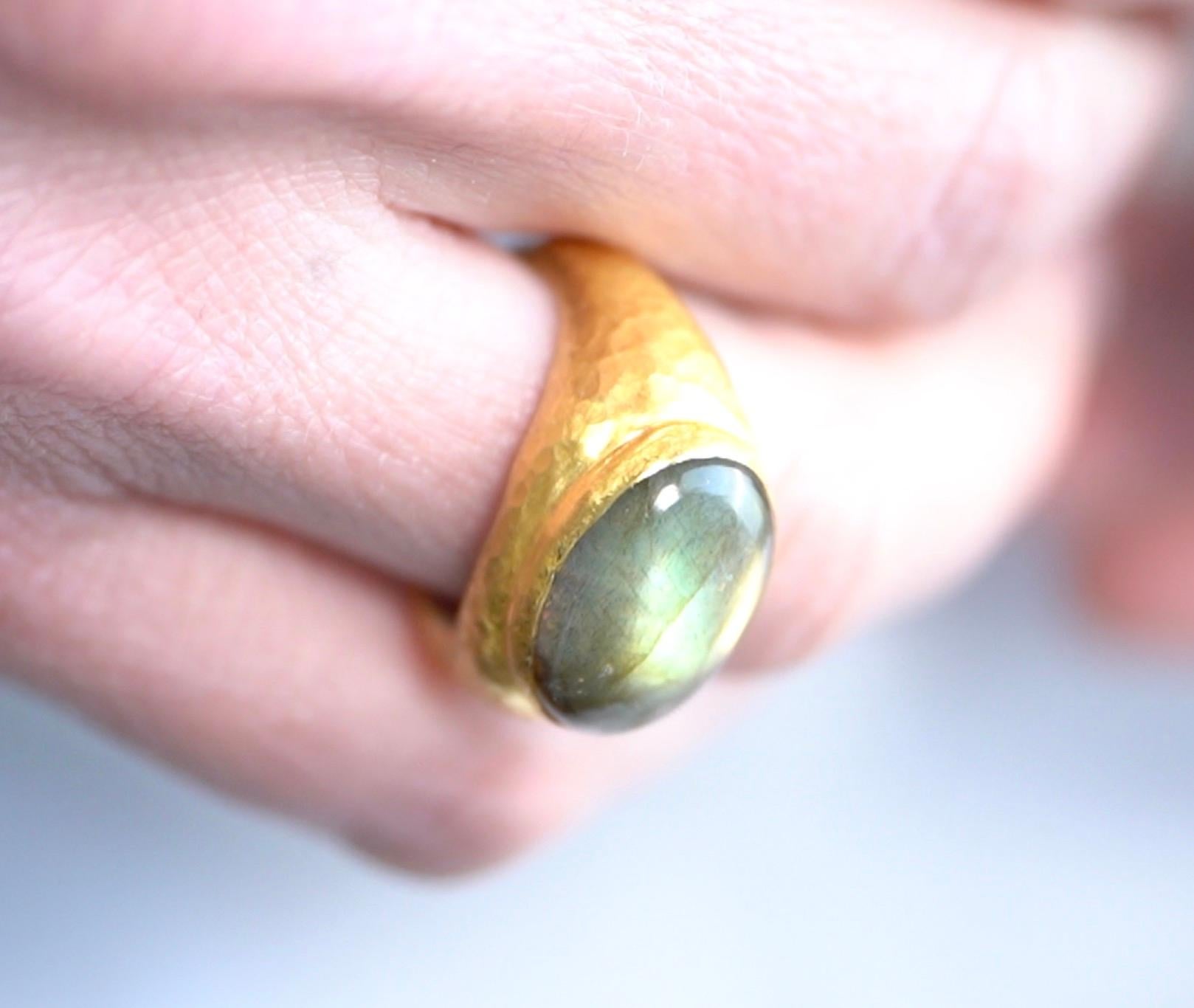 Contemporary Large, Oval, Domed Labradorite Ring in 24kt Gold and Silver For Sale