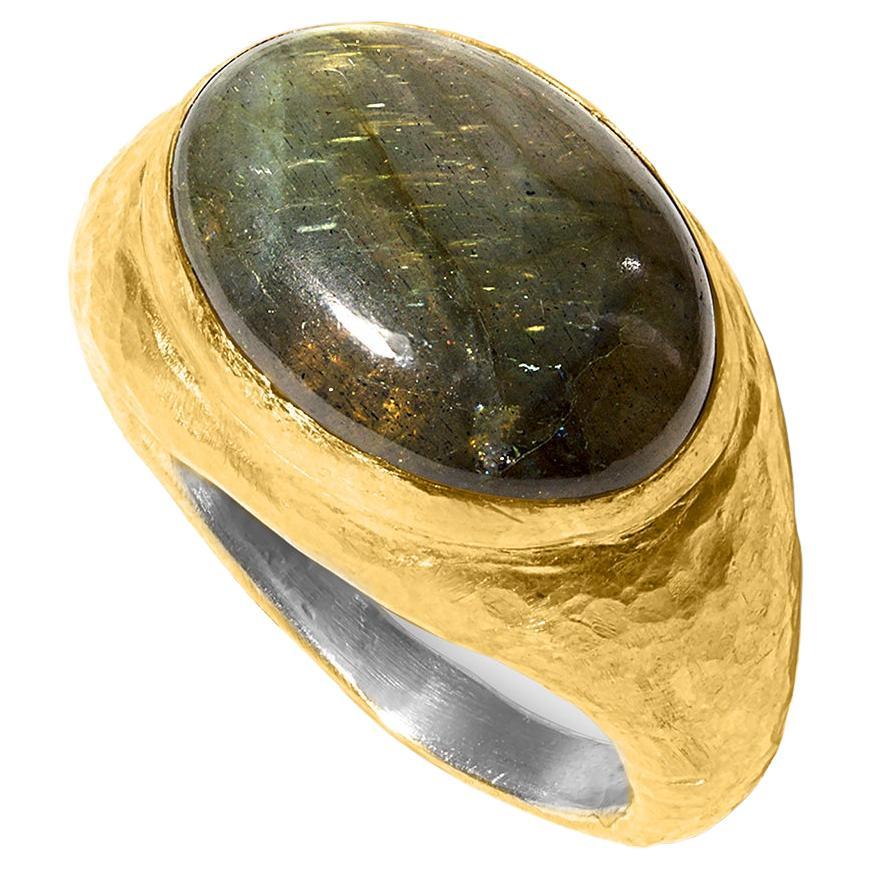 Large, Oval, Domed Labradorite Ring in 24kt Gold and Silver For Sale