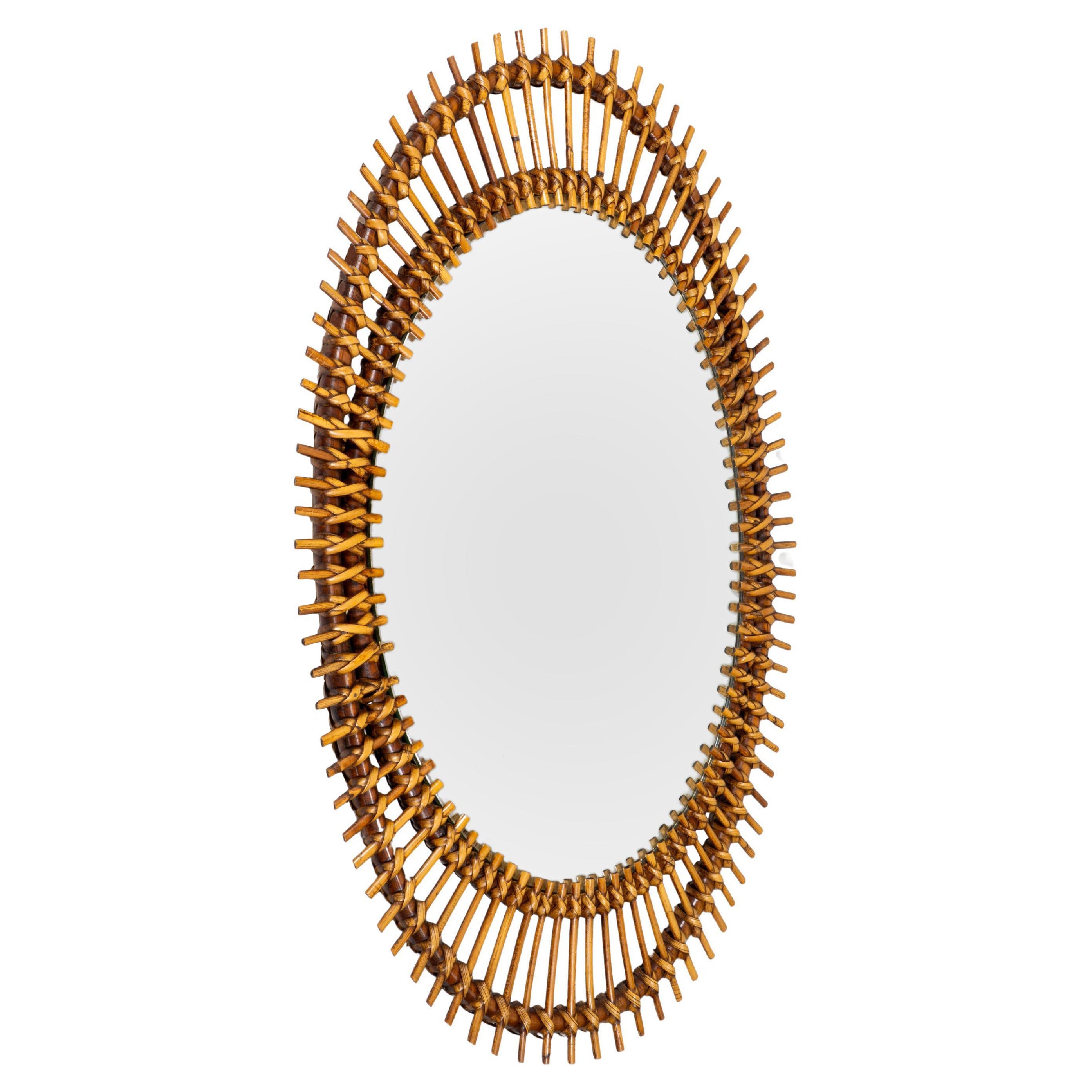Large Oval Double Framed French Riviera Wall Mirror Bamboo Rattan, Italy 1960s