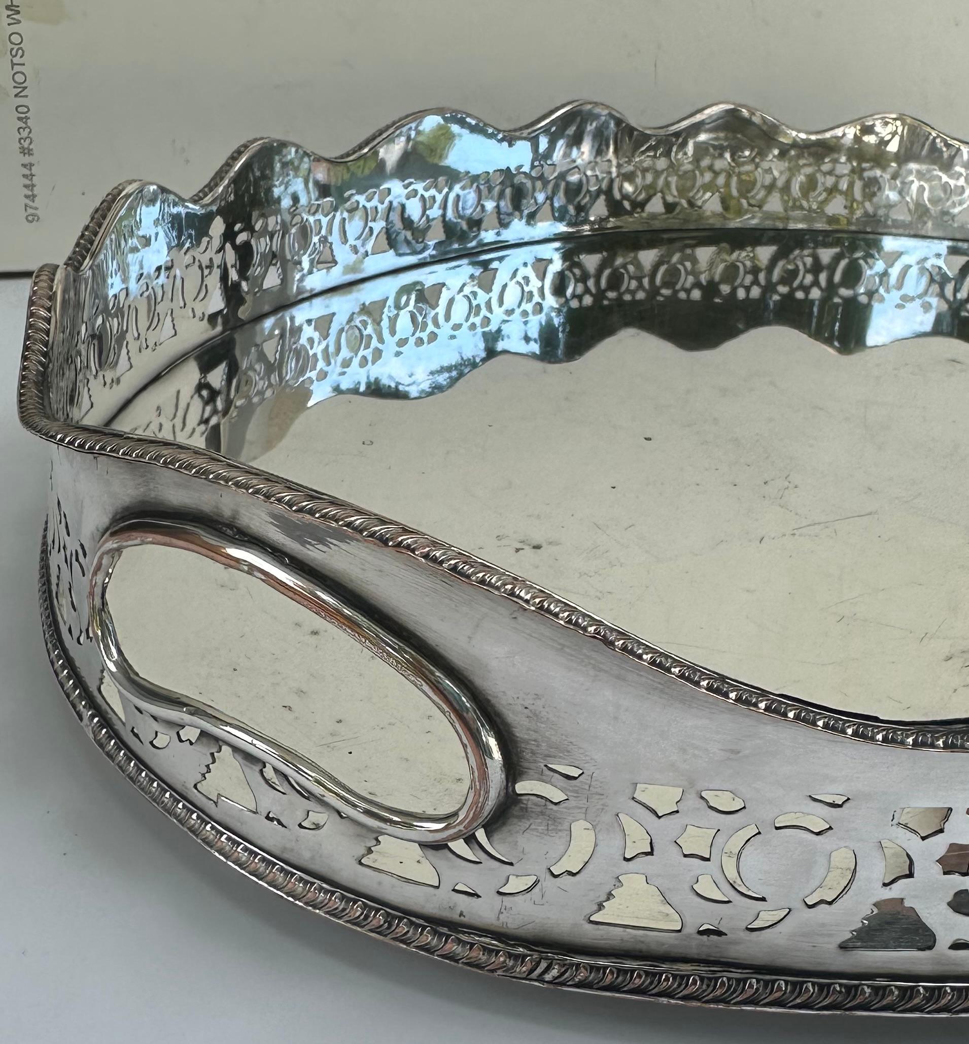 20th Century Large Oval Edwardian Gallery Butler Tray Hallmarked Silver Plate. For Sale