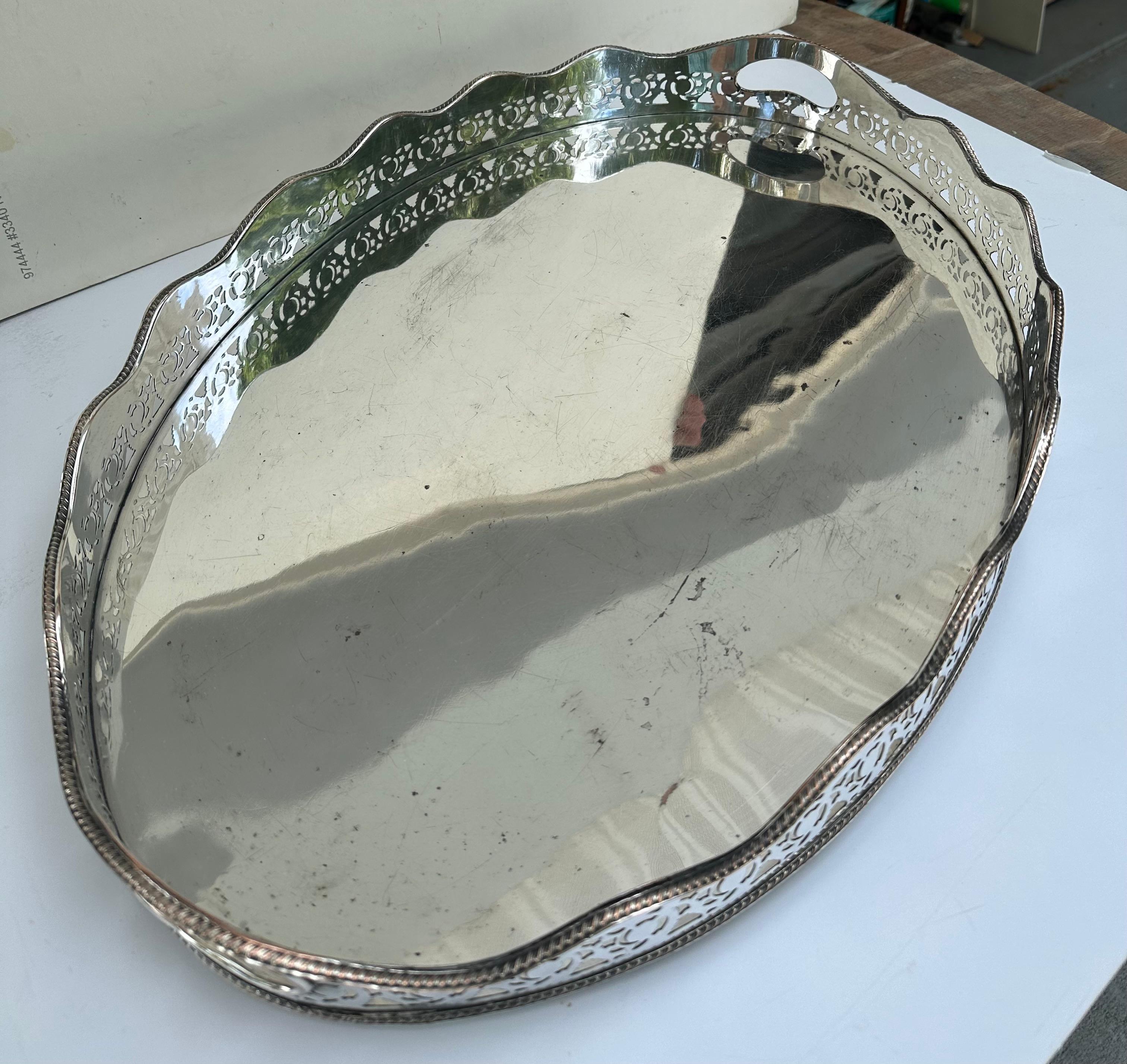 Large Oval Edwardian Gallery Butler Tray Hallmarked Silver Plate. For Sale 1