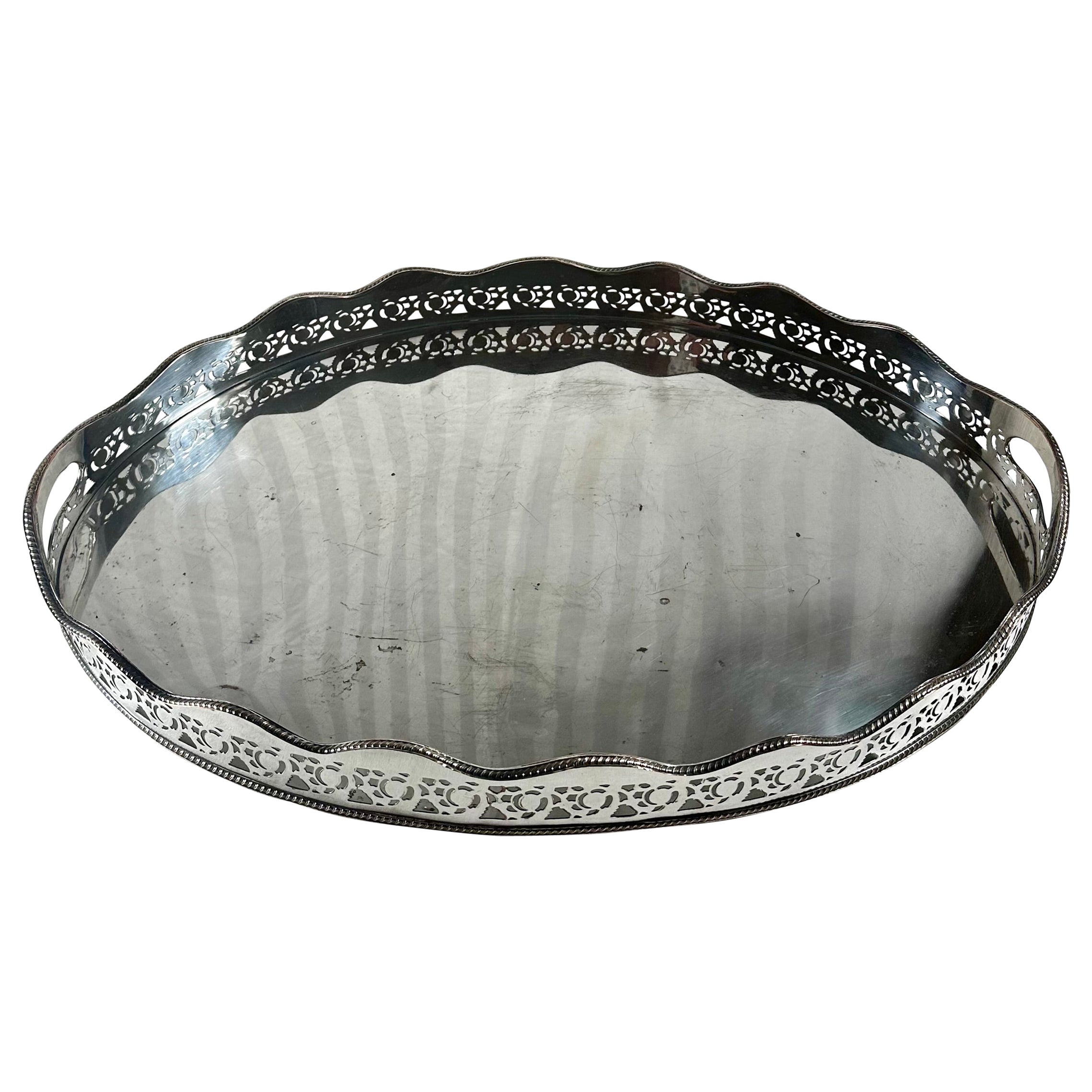 Large Oval Edwardian Gallery Butler Tray Hallmarked Silver Plate.