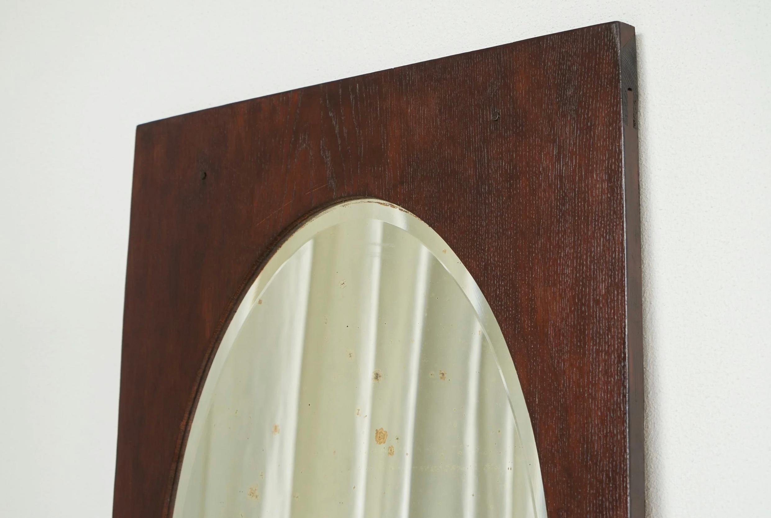 Art Deco Large Oval Facetted Mirror in a Rectangular Oak Frame 1920s For Sale