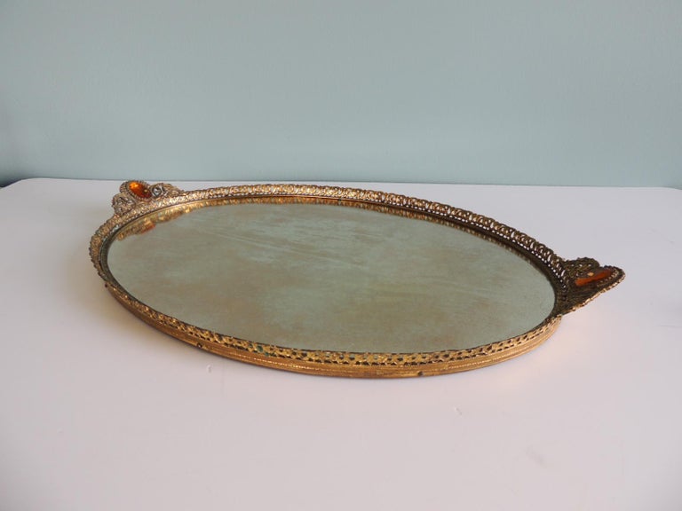 Large Oval Filigree Trim Vintage Vanity, Mens Mirror Vanity Tray