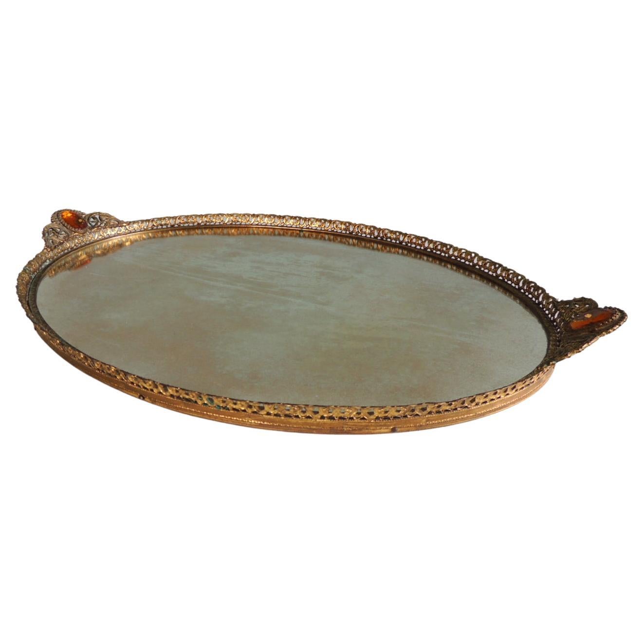 Large Gold Vintage French Filigree Oval Brass Vanity Tray with Mirror