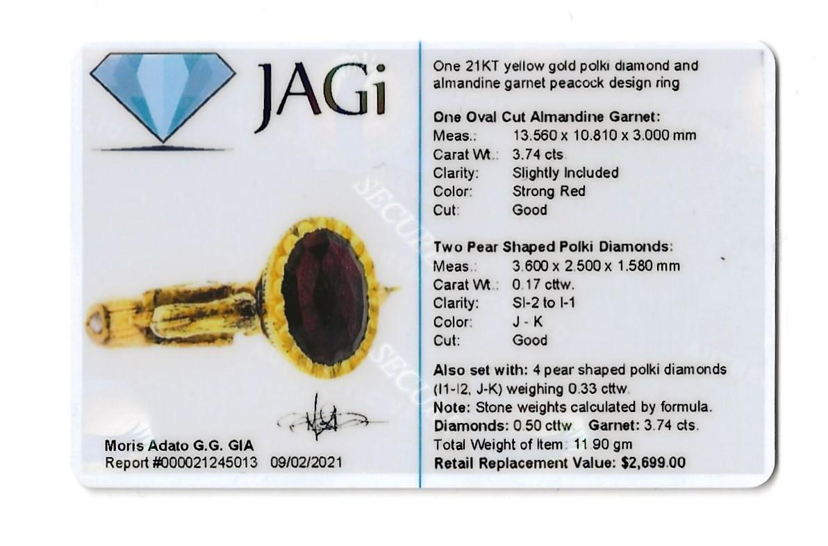 Large Oval Garnet and Diamond Polki Peacock Ring 21 Karat Yellow Gold 8