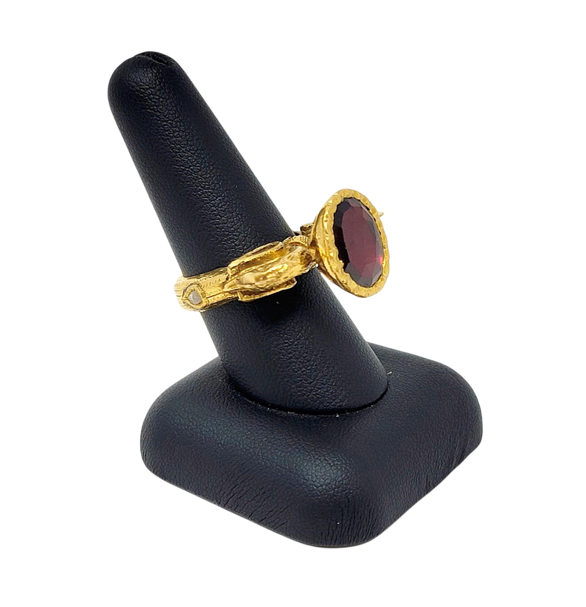 Large Oval Garnet and Diamond Polki Peacock Ring 21 Karat Yellow Gold 1