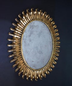 Large Oval Gilt Iron Sunburst Soleil Wall Mirror