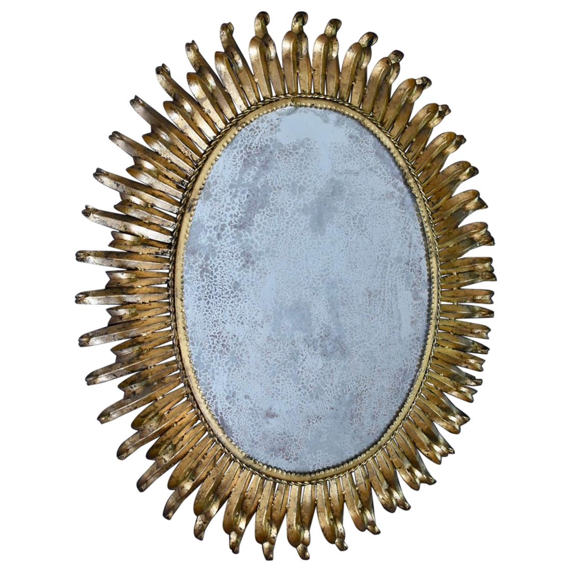 Large Oval Gilt Iron Sunburst Soleil Wall Mirror For Sale