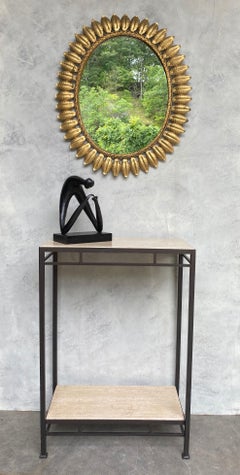 Large Oval Gilt Metal Sunburst Mirror with Leaves