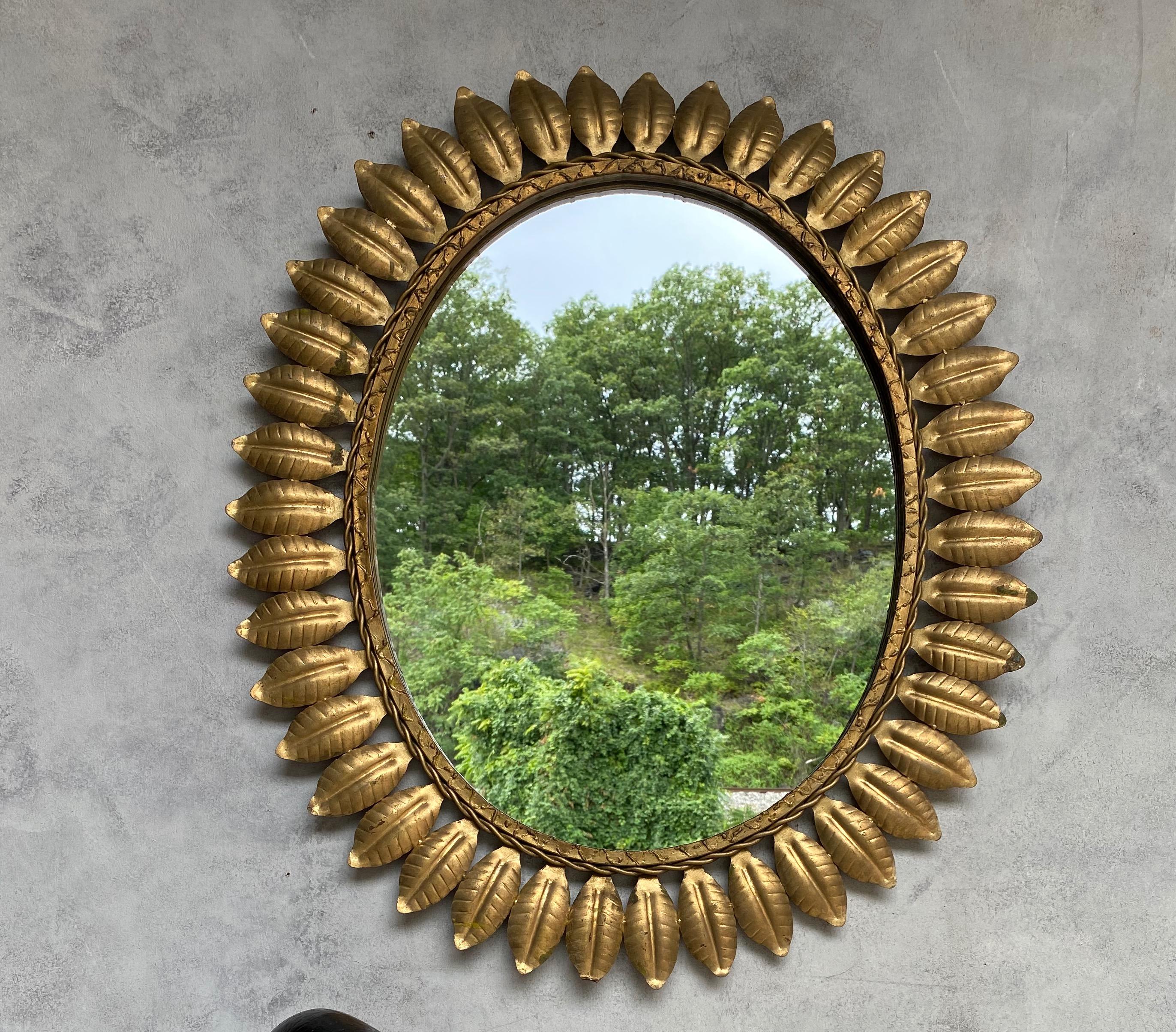 Art Nouveau Large Oval Gilt Metal Sunburst Mirror with Leaves