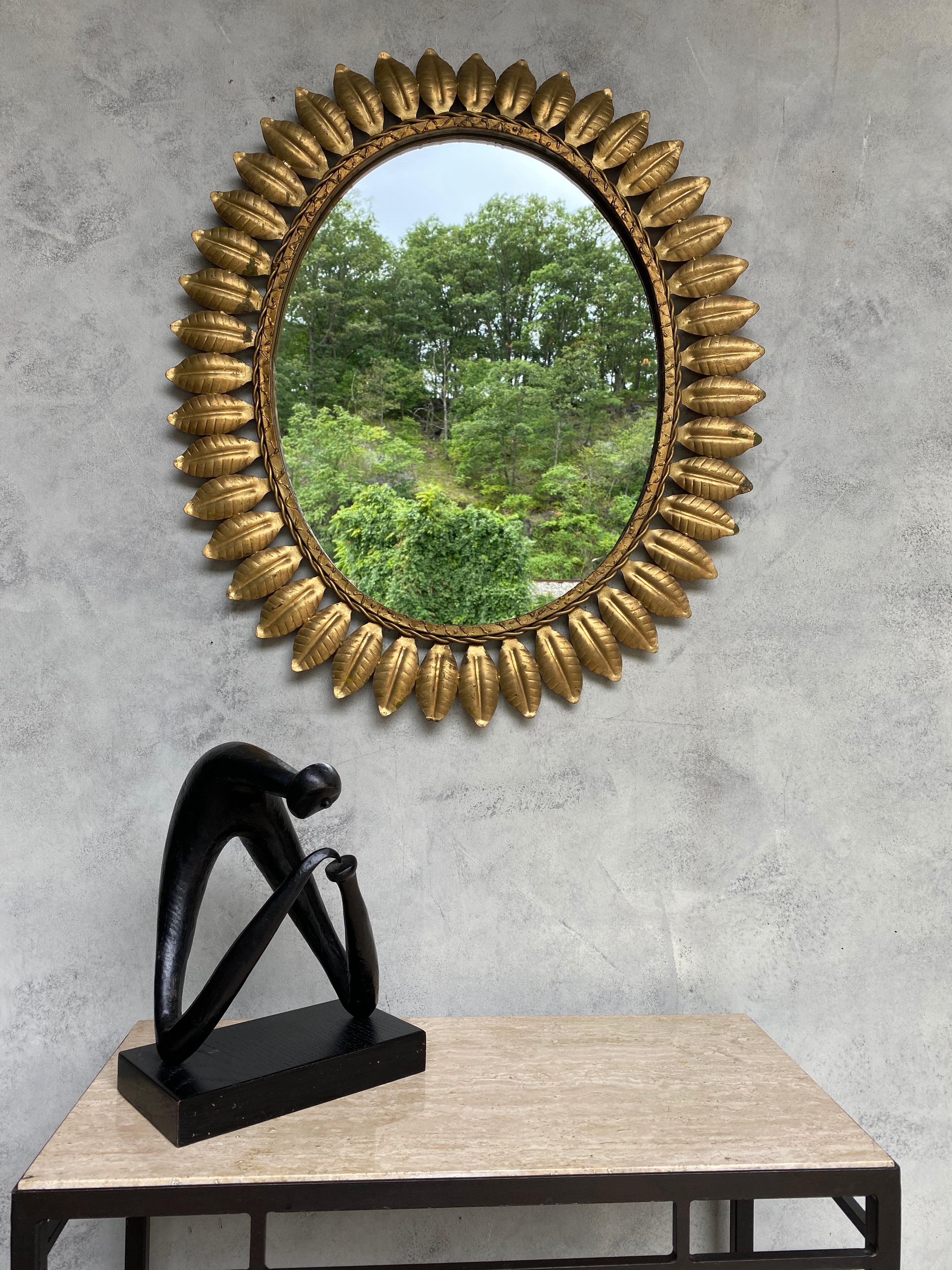 Large Oval Gilt Metal Sunburst Mirror with Leaves In Good Condition In Buchanan, NY