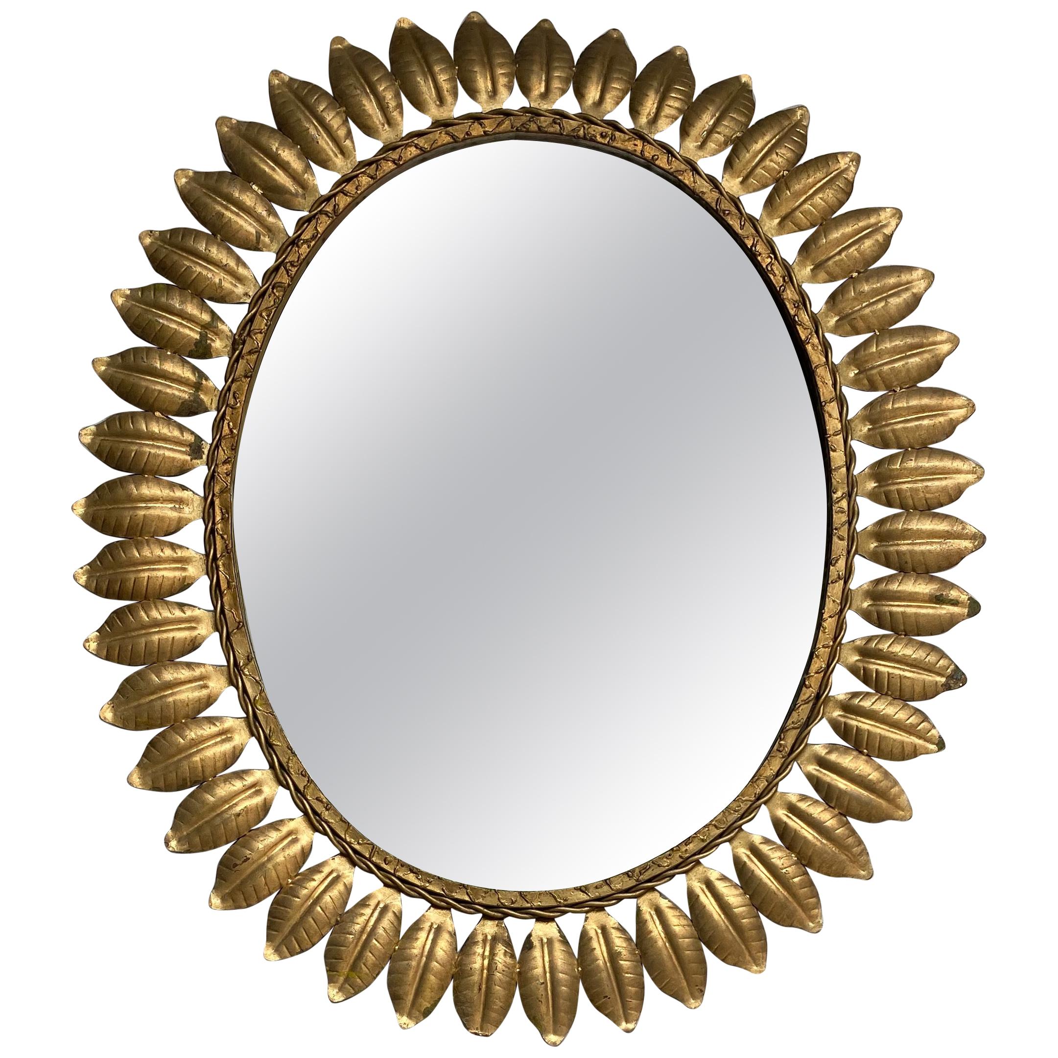 Large Oval Gilt Metal Sunburst Mirror with Leaves