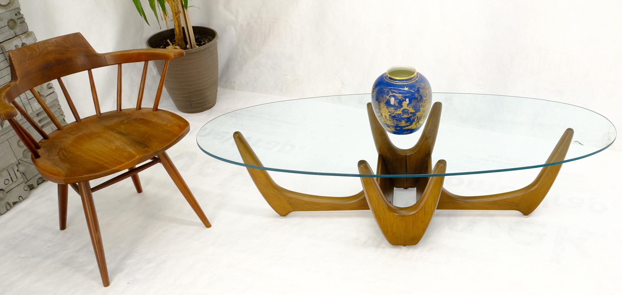 Mid-Century Modern Large Oval Glass Top Solid Carved Wood Coffee Table  For Sale