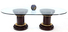 Large Oval Glass Top Two Round Turned Mahogany Pedestal Bases Dining Table