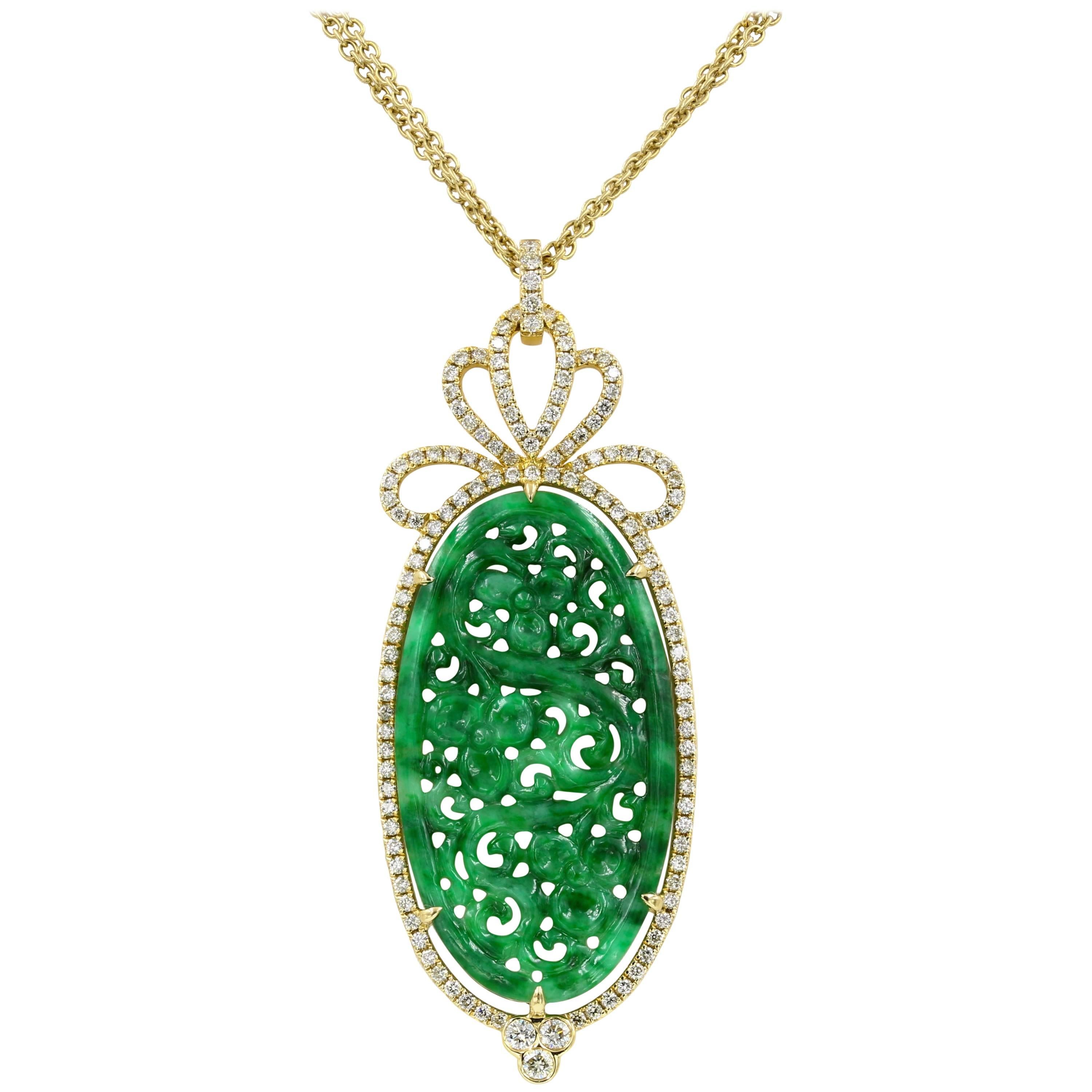 Large Oval Green Jade and Diamond Necklace in 18 Karat Yellow Gold
