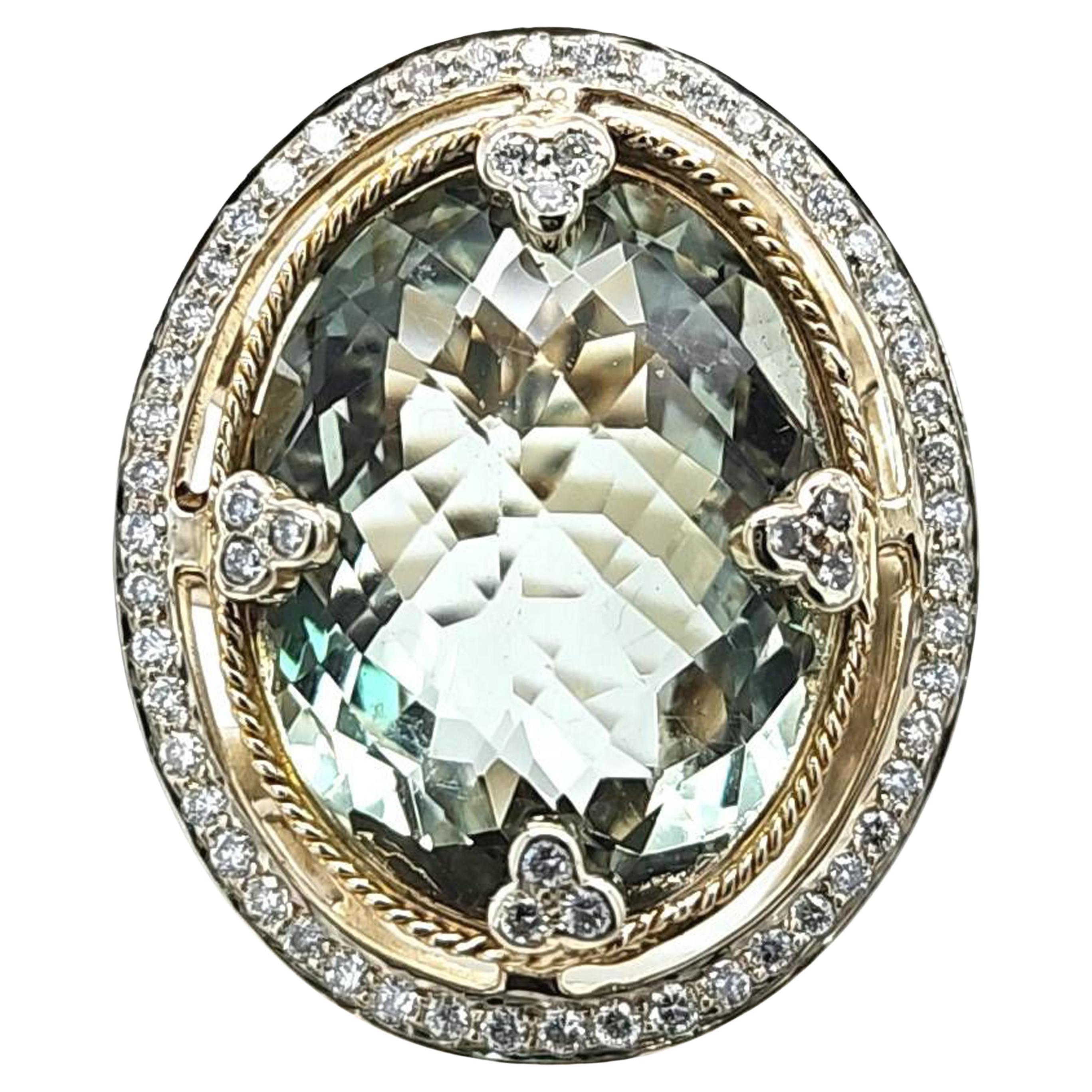 Large Oval Green Quartz Cocktail Ring with Diamond Halo