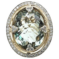 Large Oval Green Quartz Cocktail Ring with Diamond Halo