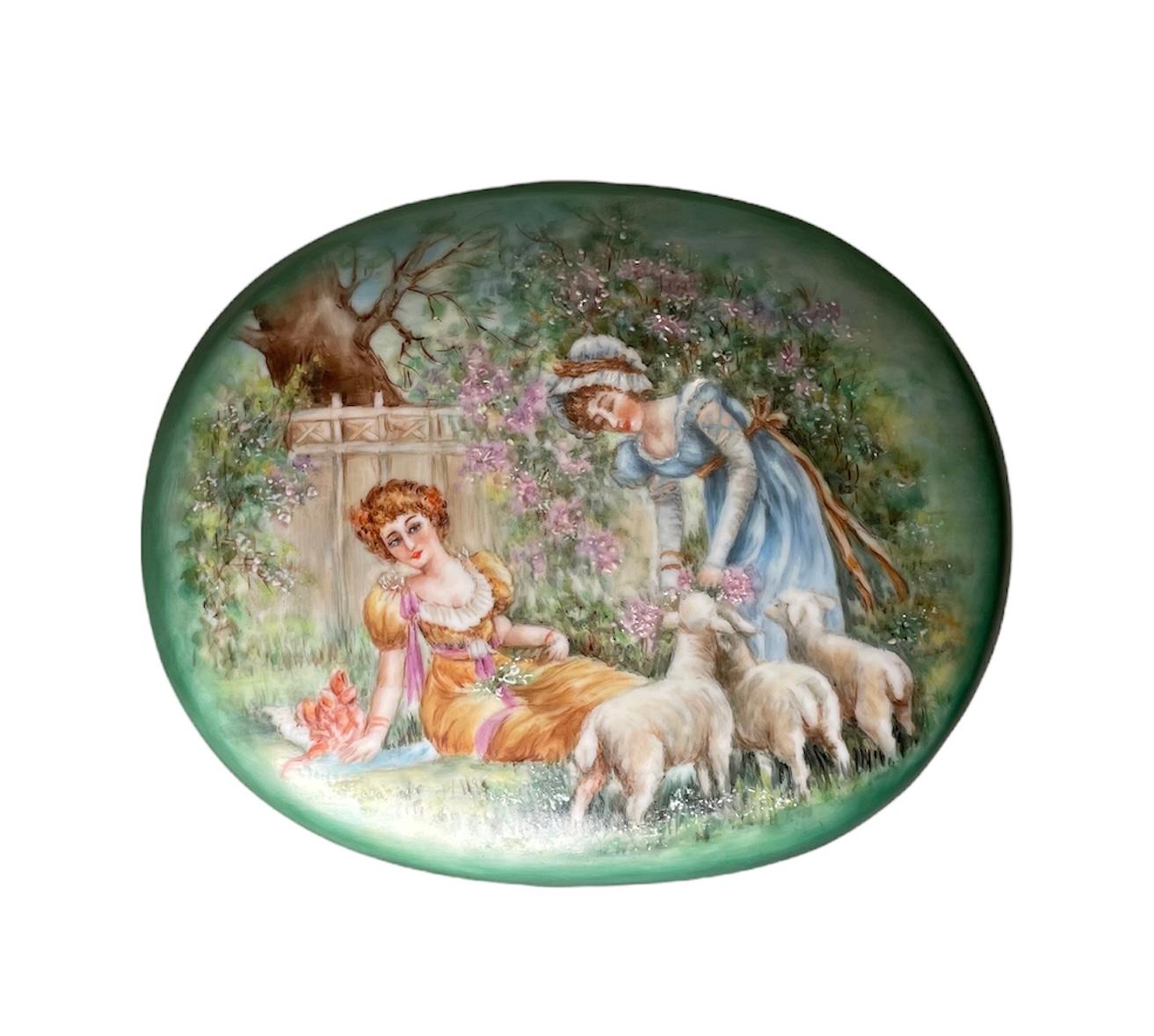 Large Oval Hand Painted Porcelain Vanity/Jewelry Box For Sale 6